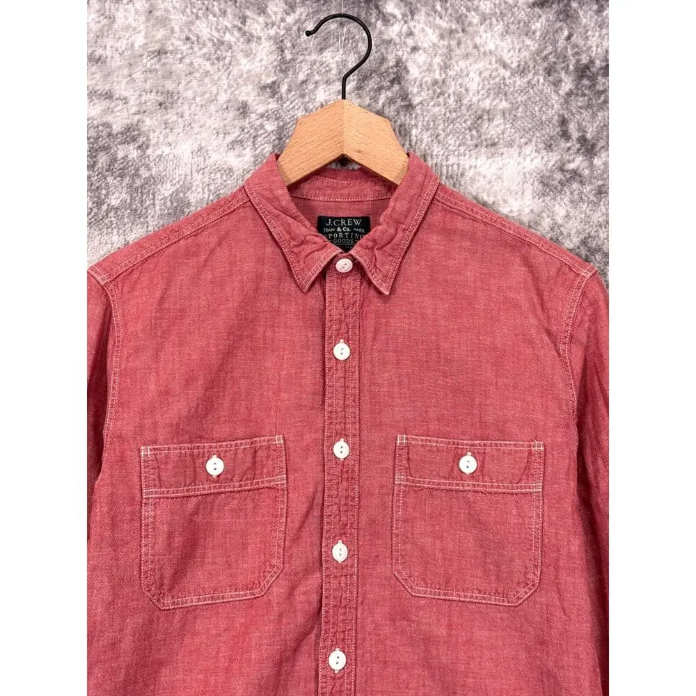Vintage J Crew Selvedge Chambray Work Shirt Small Mens Red Cotton Linen